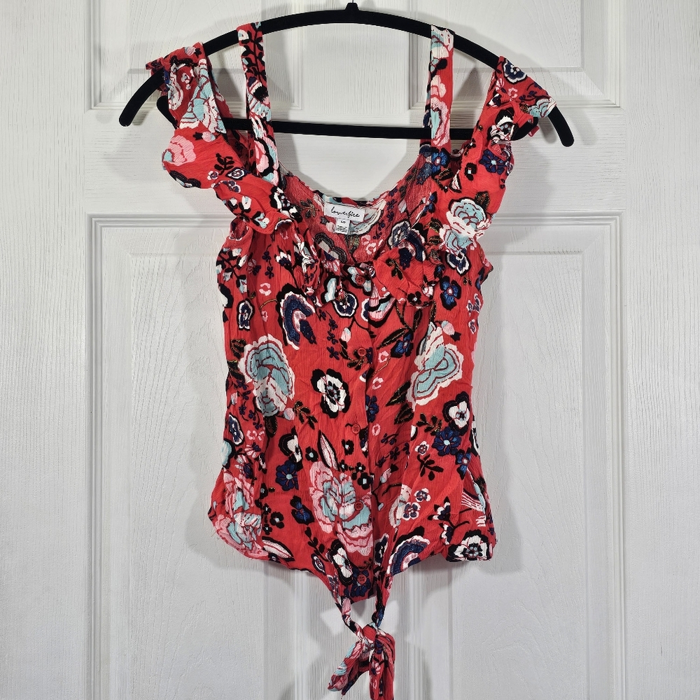 Love Fire Red Floral Cold Shoulder Button Down Summer Shirt Size Small